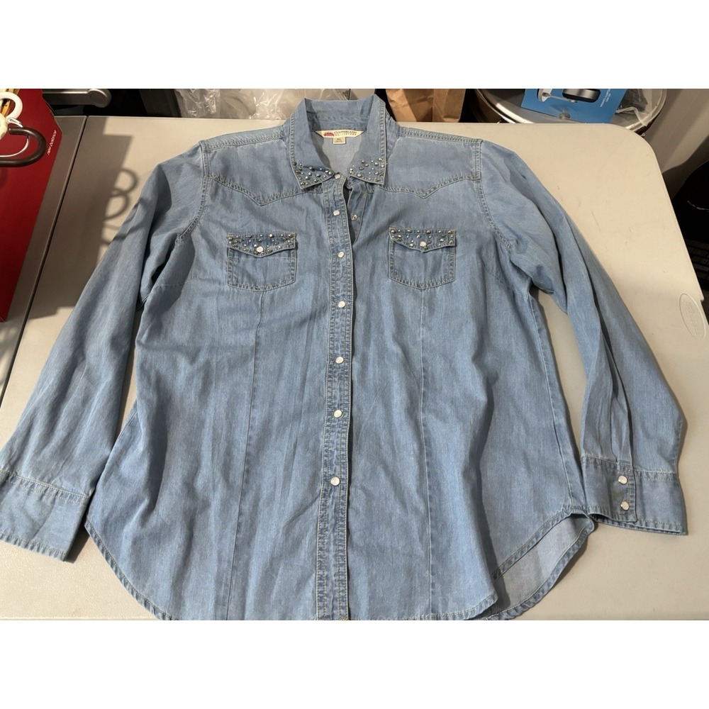 Vintage Cumberland Outfitters Denim Western Shirt Blue Pearl Snap Studded XL